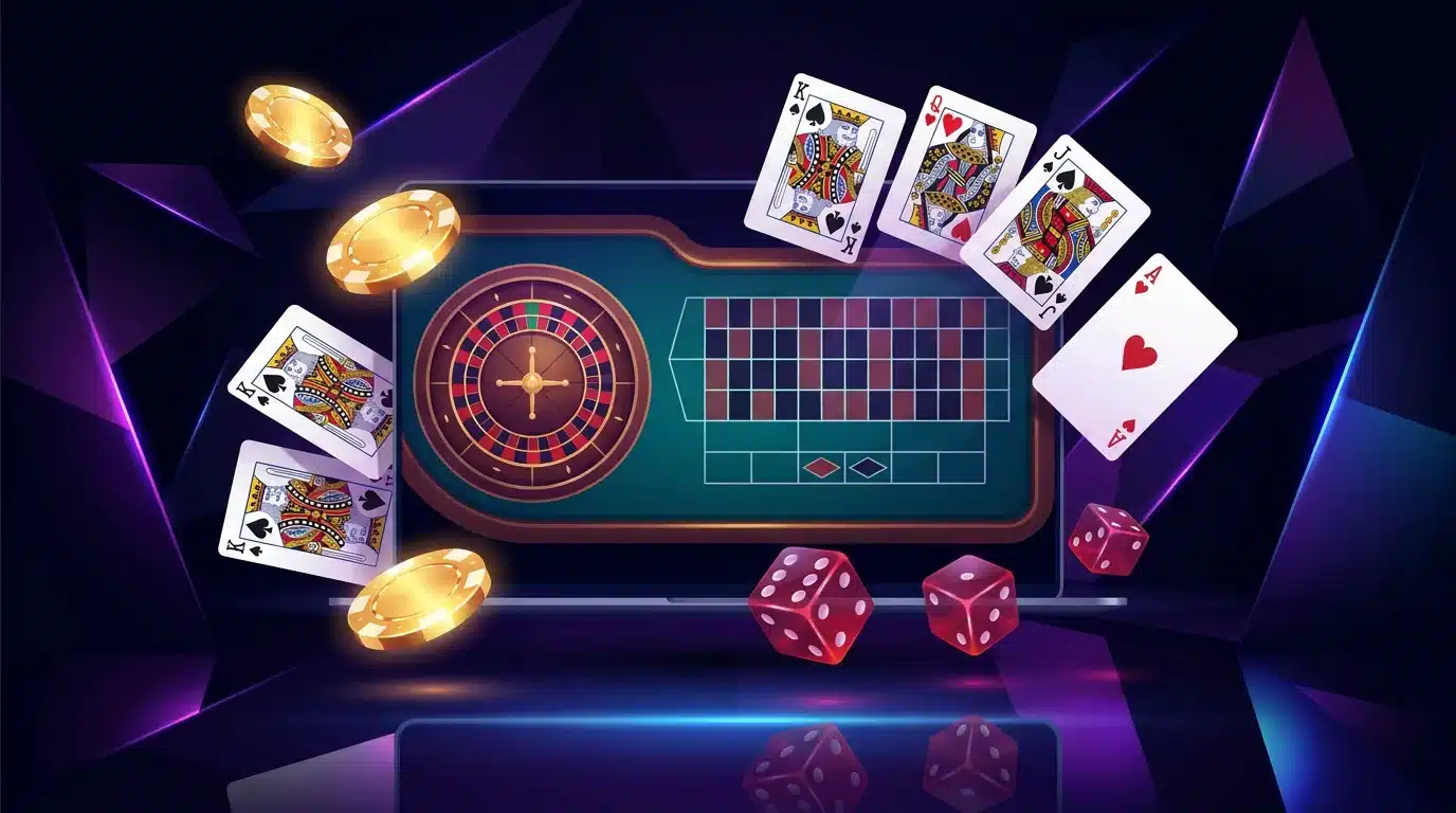 Illustration d'un casino en ligne avec jetons et cartes sur fond sombre