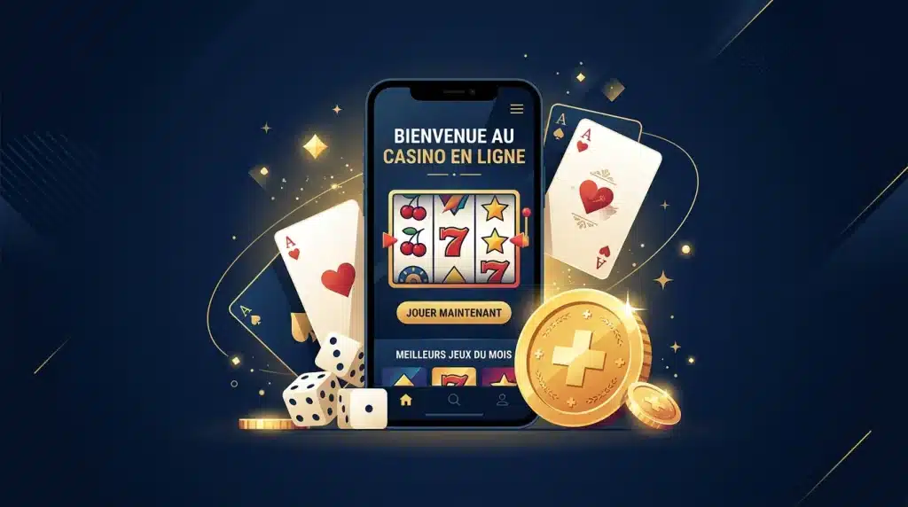 Concept de bonus de casino en ligne avec smartphone, cartes et jeton doré