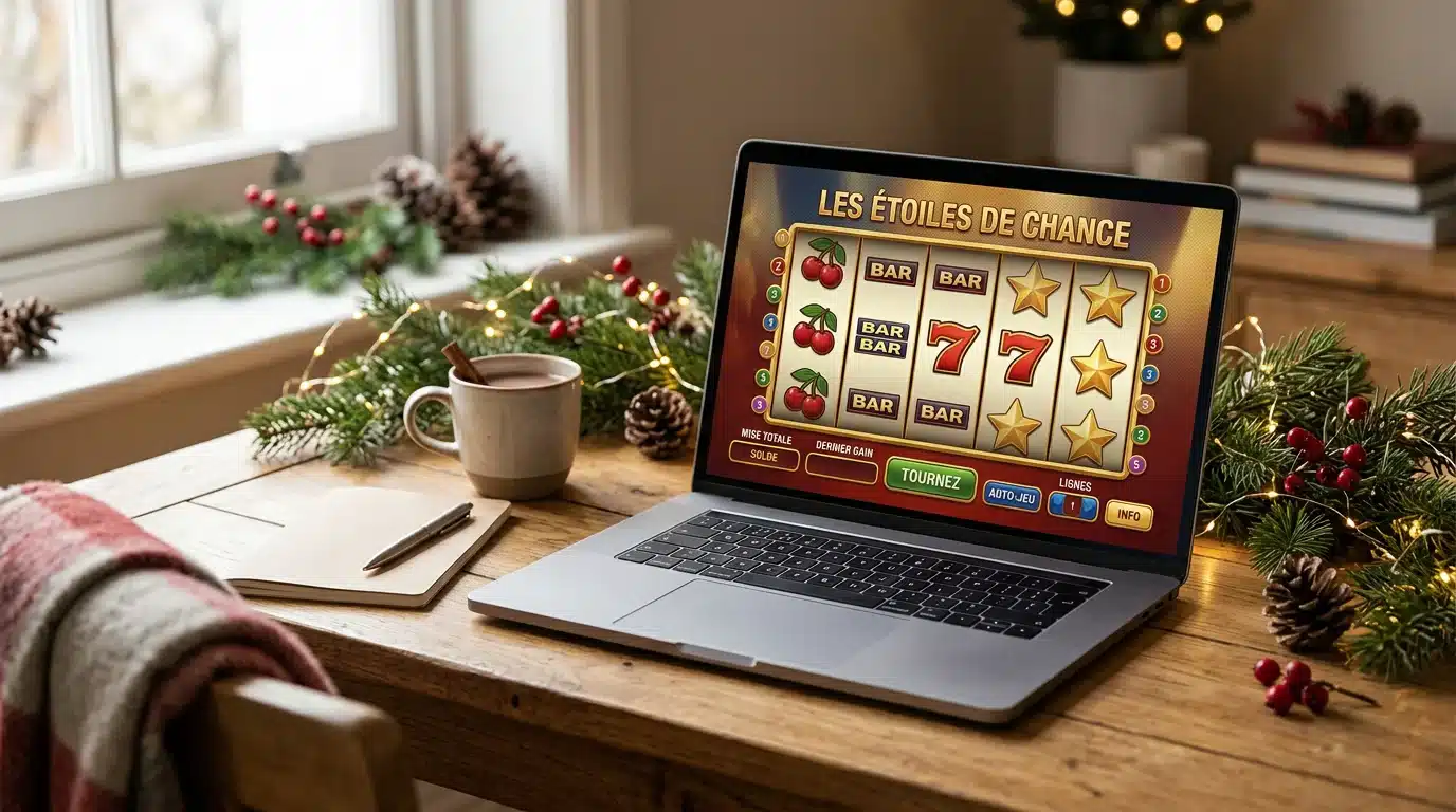 Ordinateur portable affichant un jeu de casino près de décorations de Noël