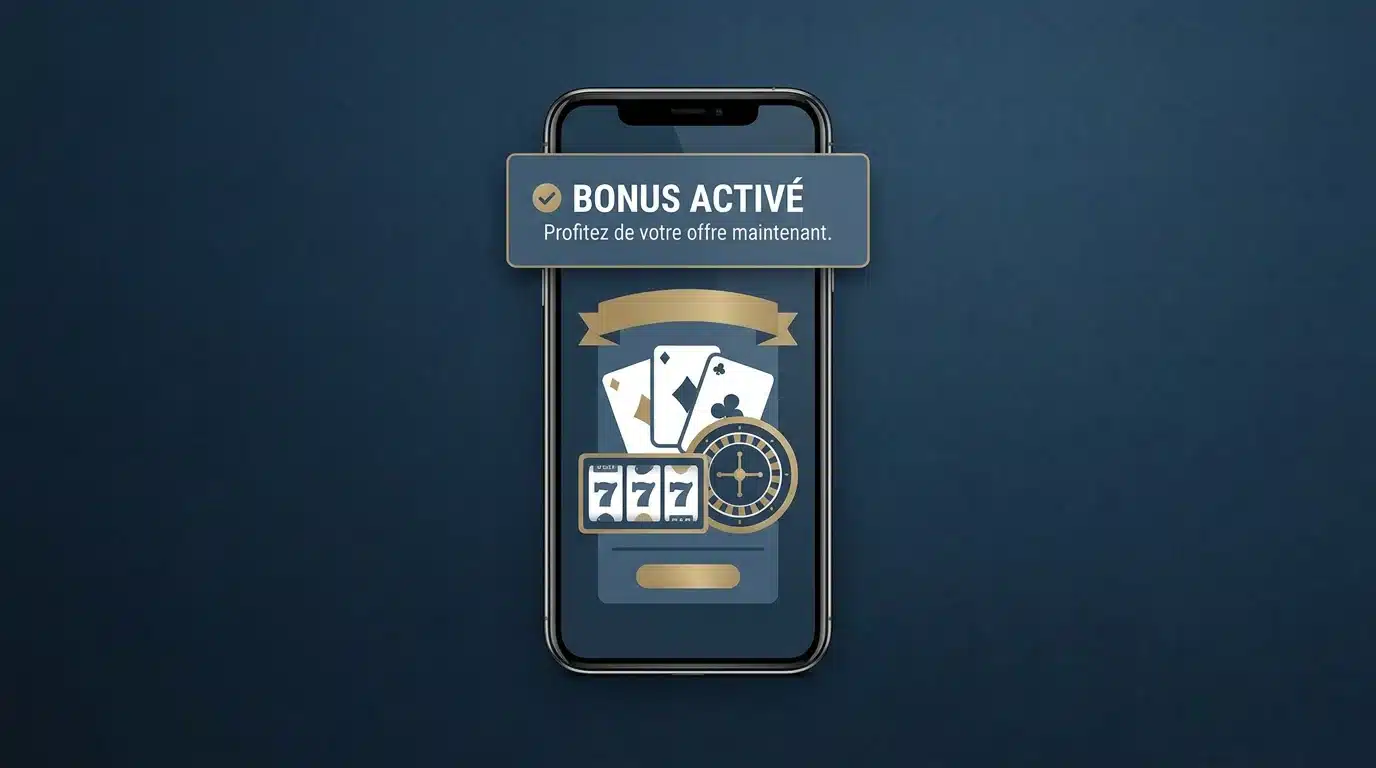 Écran de smartphone affichant un bonus sans dépôt activé sur un casino en ligne