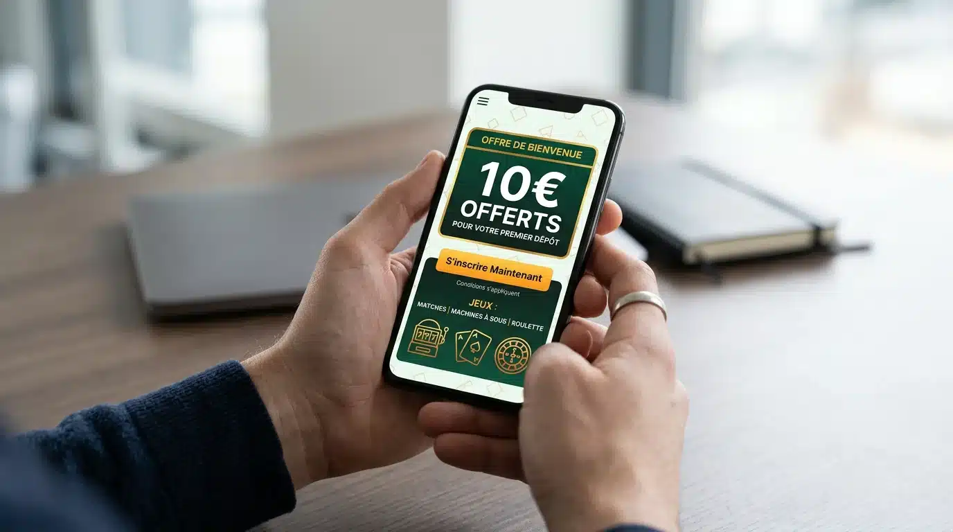 Joueur consultant une offre de bonus de 10 euros sur un casino en ligne
