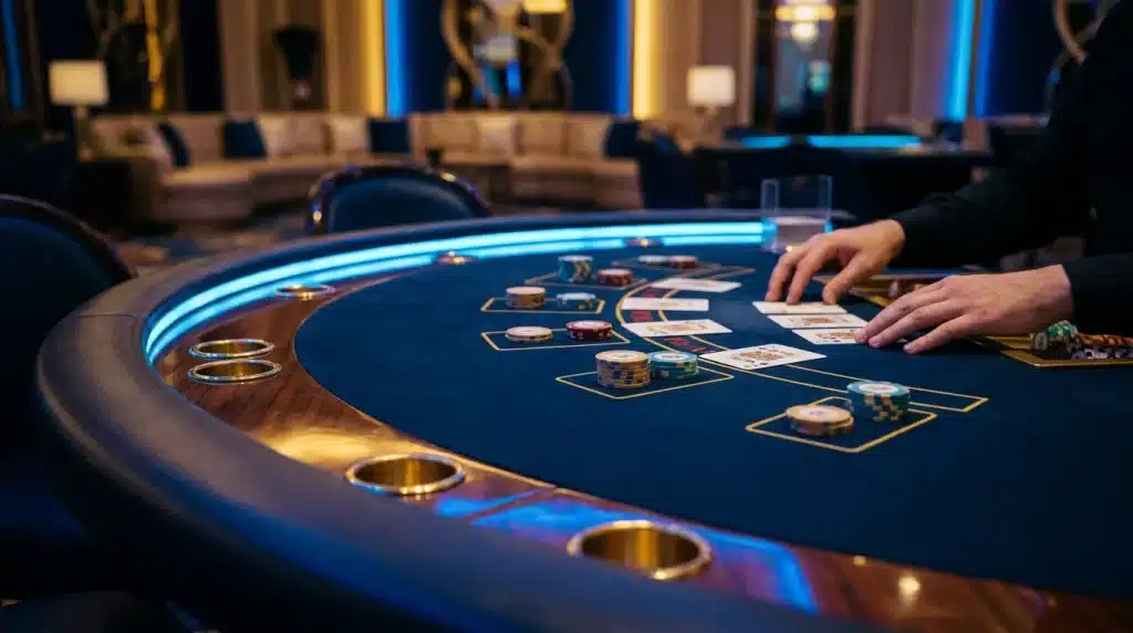 Ambiance de casino en ligne avec jetons et cartes sur table élégante