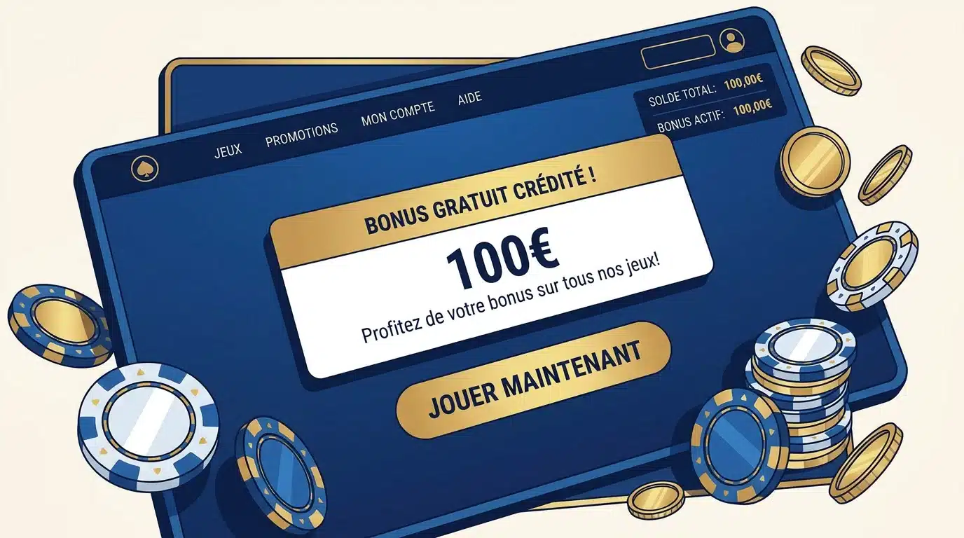 Illustration d'un bonus sans dépôt crédité sur un compte de casino en ligne