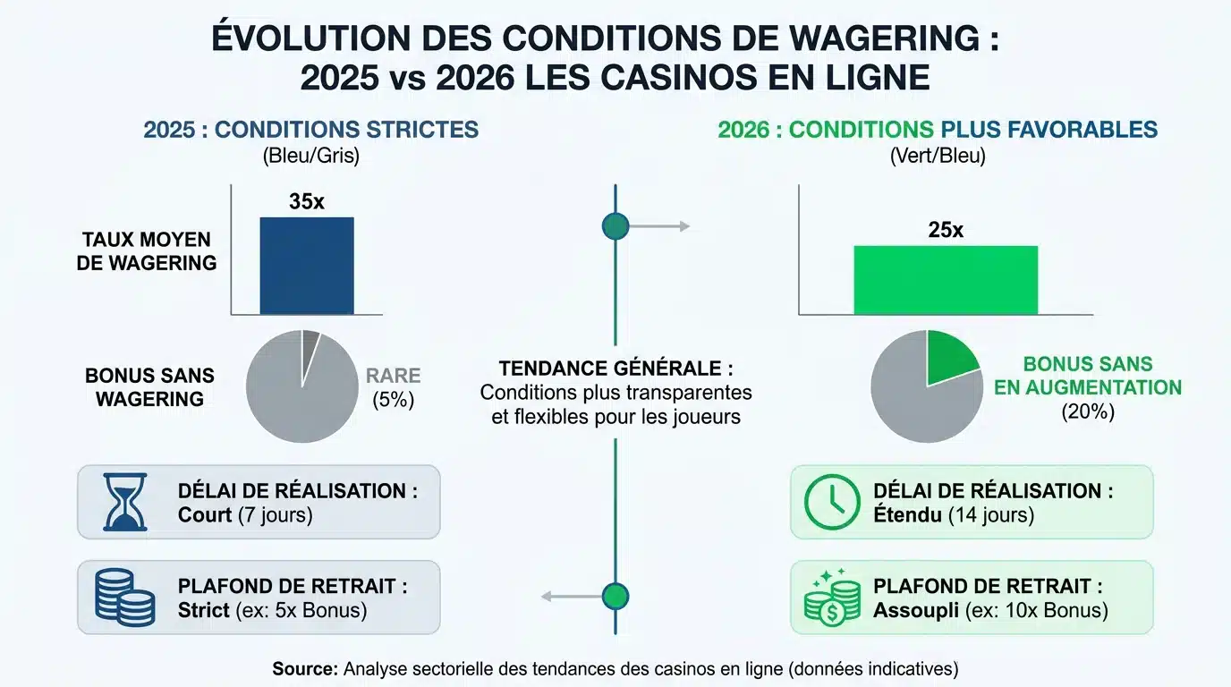Infographie sur l'évolution des conditions de wagering des bonus sans dépôt en 2026