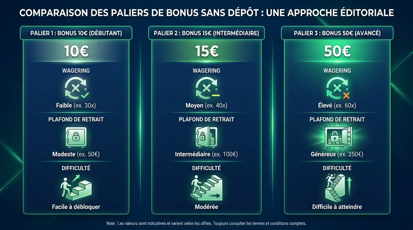 Comparaison des bonus sans dépôt 10 euros, 15 euros et 50 euros en 2026
