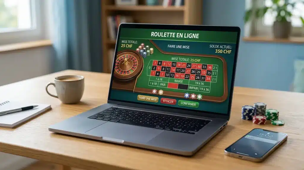 Ordinateur portable affichant un casino en ligne avec des jetons posés sur un bureau