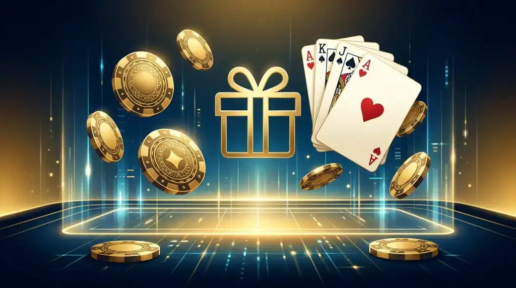 Illustration d'un bonus de casino en ligne avec jetons et cartes