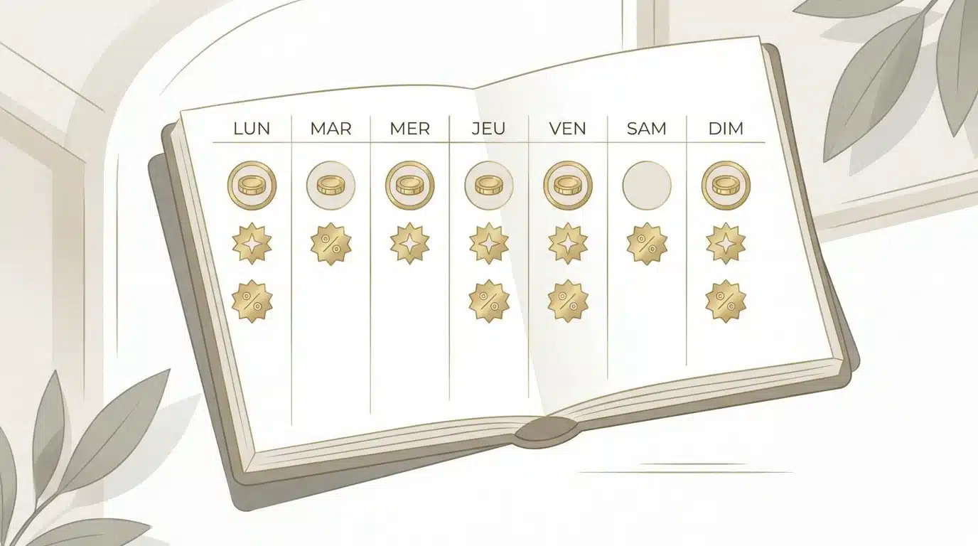 Calendrier illustrant les promotions hebdomadaires d'un casino en ligne