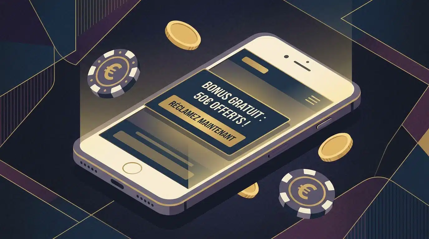 Interface de casino en ligne sur smartphone avec bonus sans dépôt en euros