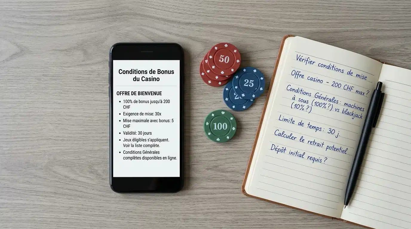 Conditions d'un bonus sans dépôt affichées sur un smartphone posé sur un bureau
