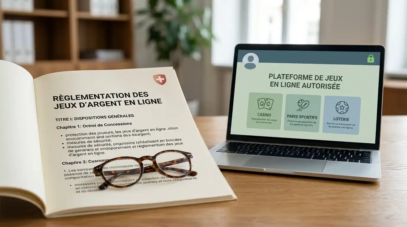 Document de régulation des jeux d'argent posé sur un bureau à côté d'un ordinateur portable