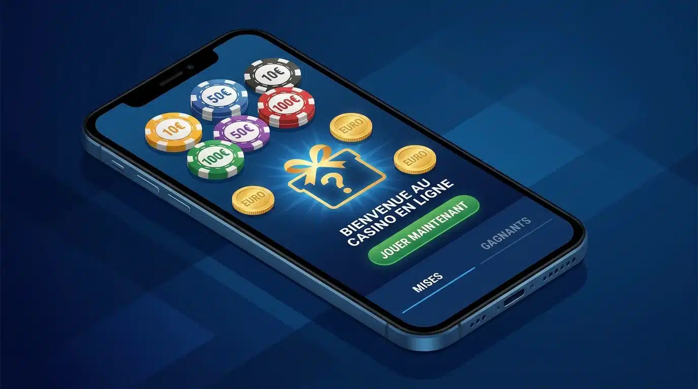 Interface stylisée d'un casino en ligne avec bonus gratuit sur smartphone