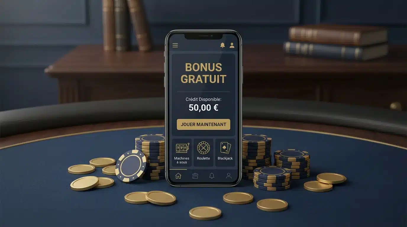 Interface de casino en ligne sur smartphone affichant un bonus sans dépôt avec jetons dorés