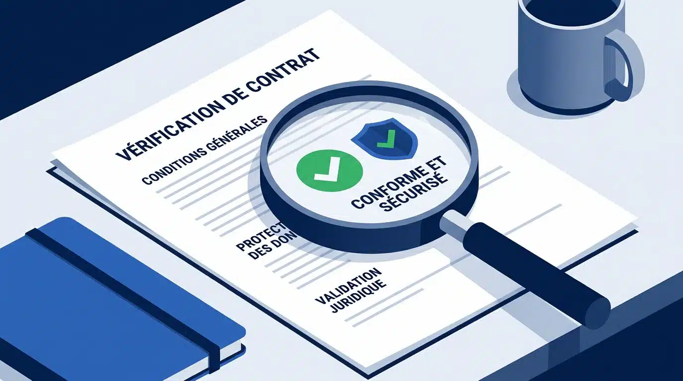 Loupe sur un document de conditions de bonus avec icônes de vérification et de sécurité