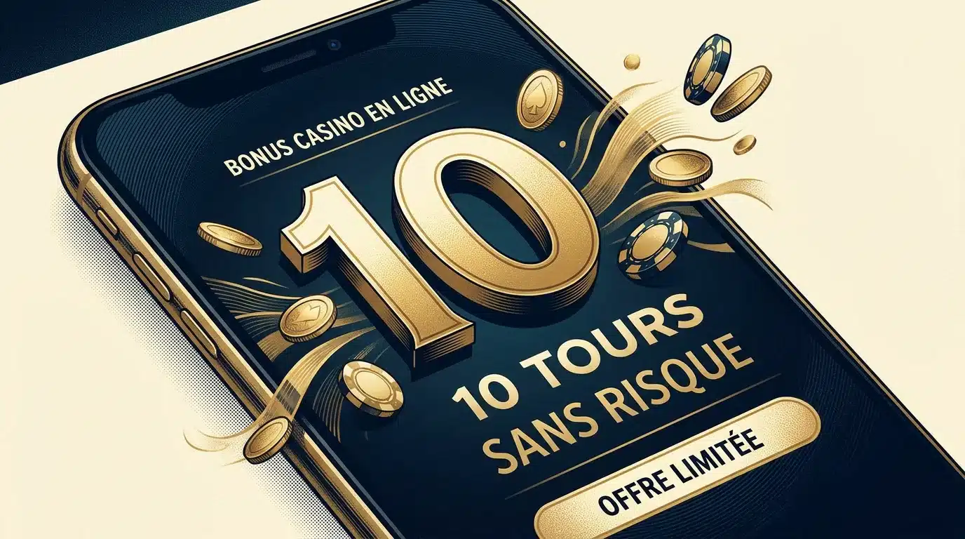 Illustration d'un bonus de 10 euros sans dépôt sur un casino en ligne affiché sur smartphone
