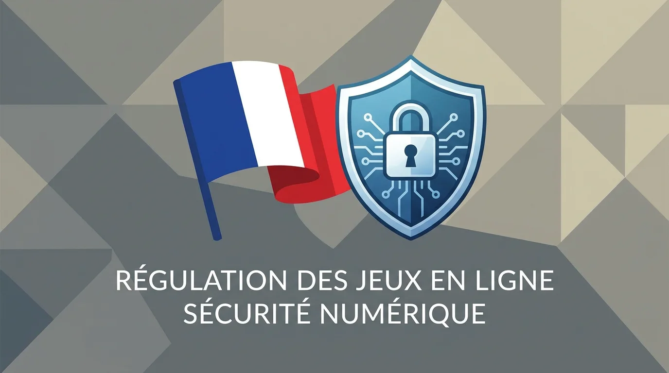 Illustration de la réglementation française des jeux en ligne avec drapeau et bouclier de sécurité