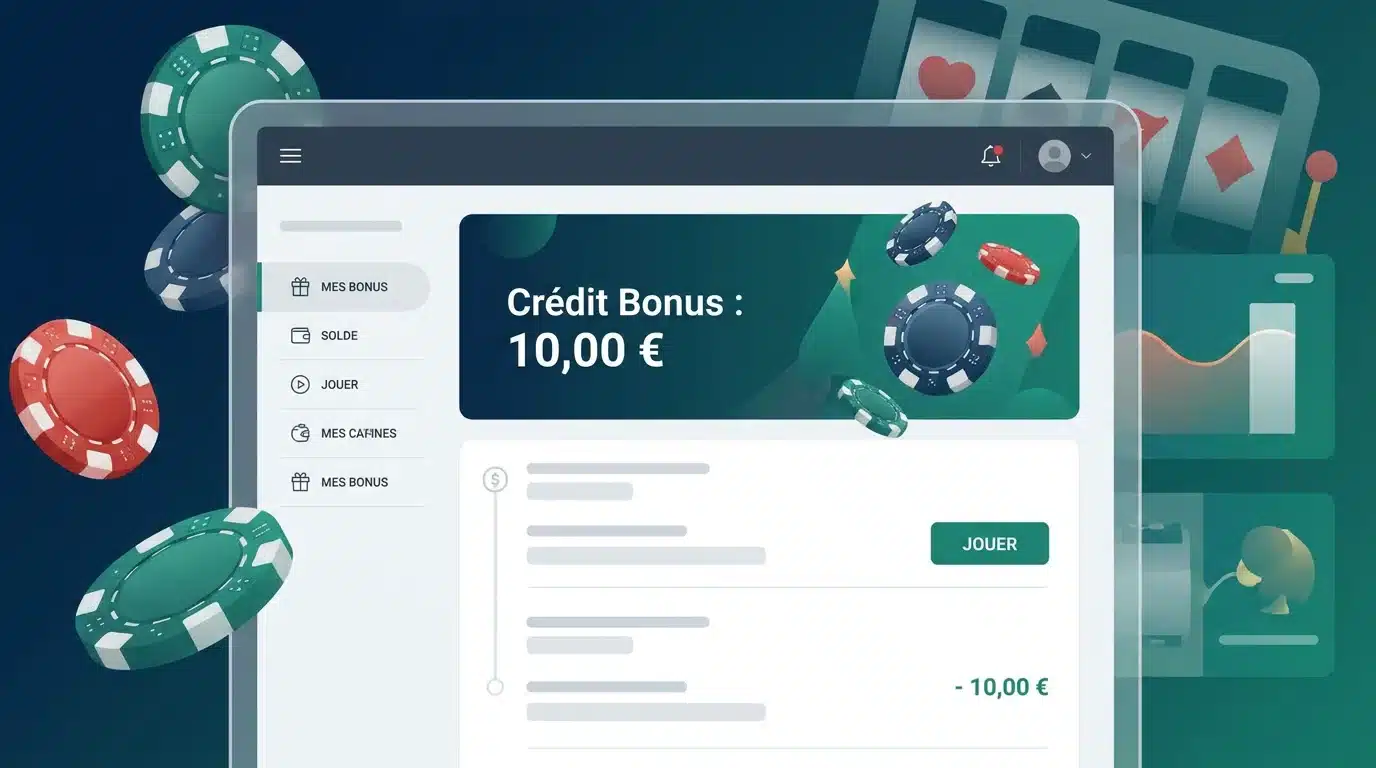 Interface de casino en ligne affichant un bonus sans dépôt de 10 euros