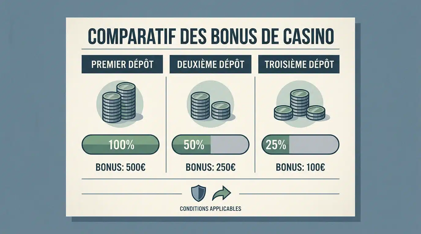 Tableau comparatif des niveaux de bonus de bienvenue dans un casino en ligne