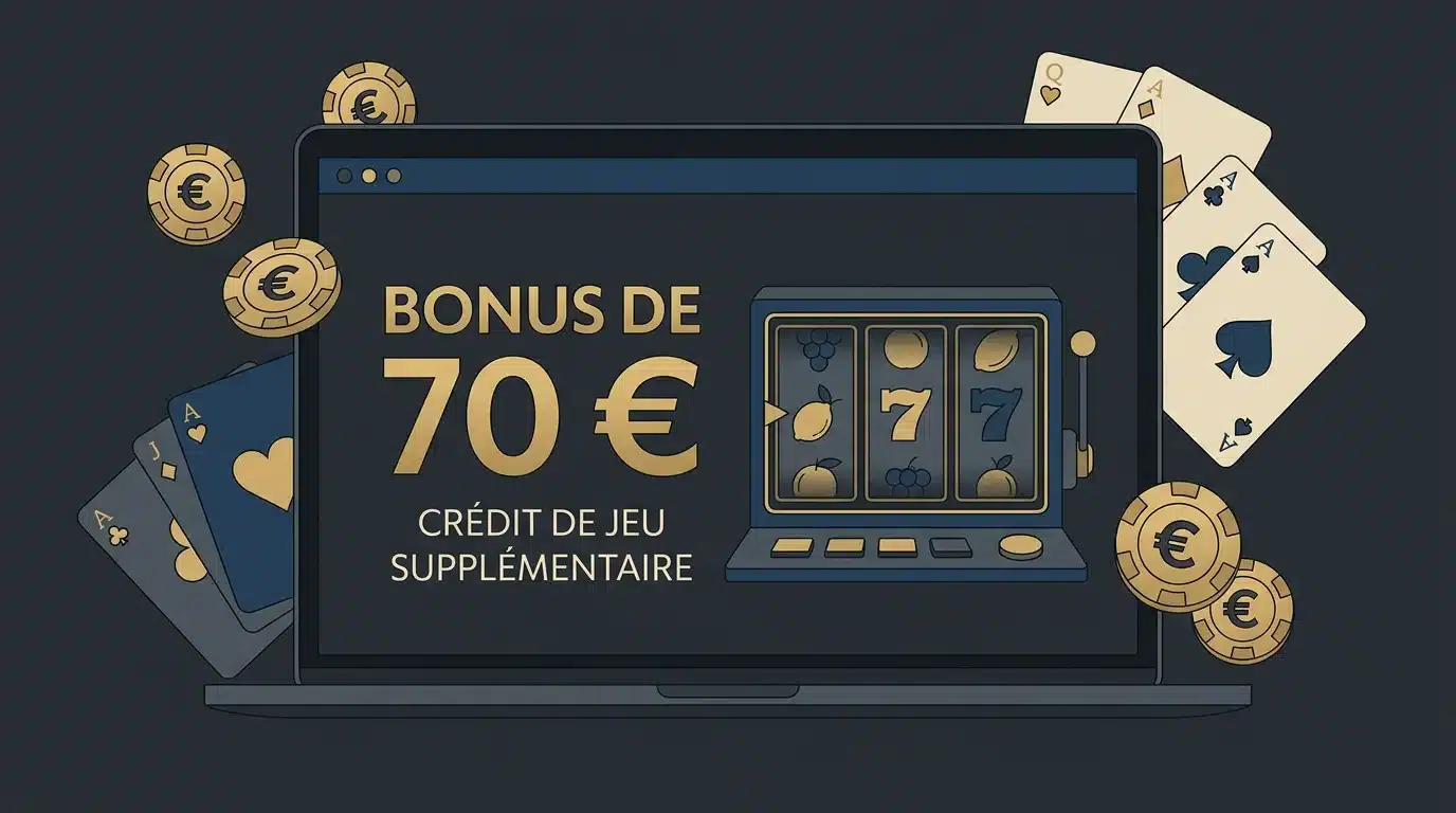 Écran de casino en ligne affichant un bonus de 70 euros sans dépôt avec des jetons dorés