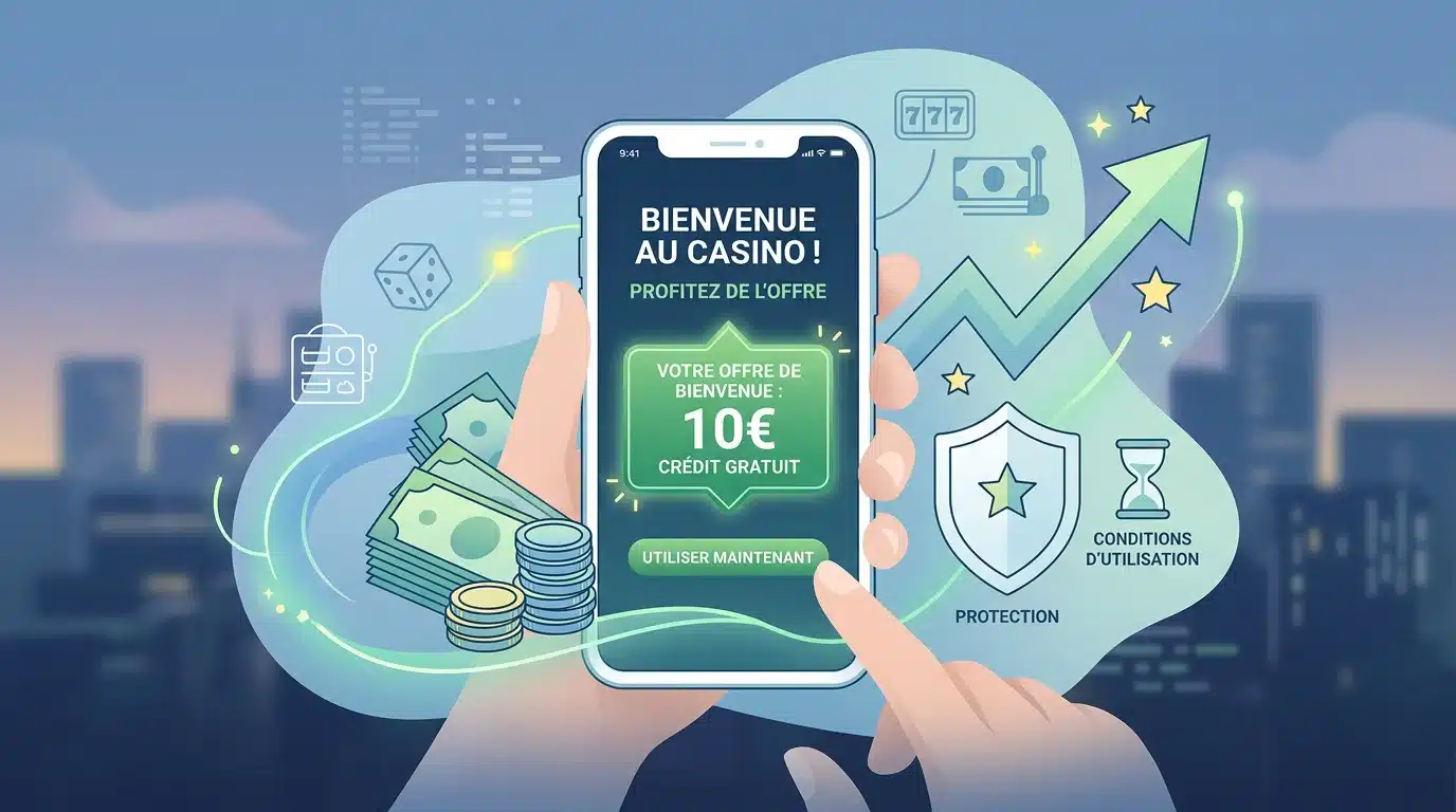 Écran de smartphone affichant un bonus de 10 euros sans dépôt avec icônes de conditions