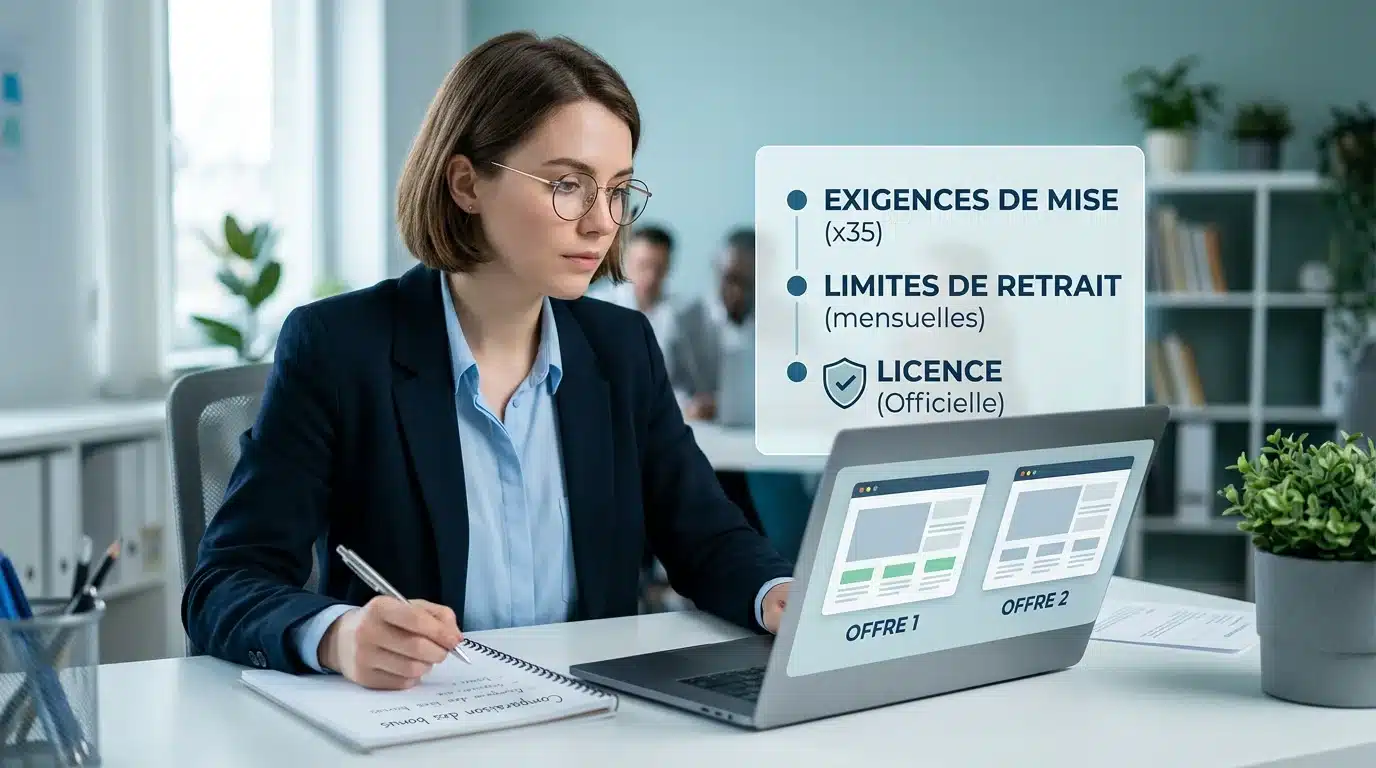 Personne comparant des offres de casino sans dépôt avec une checklist de critères