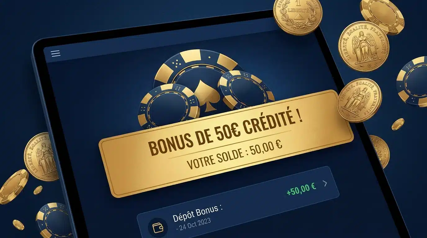 Illustration d'un bonus de 50 euros crédité sur un compte de casino en ligne