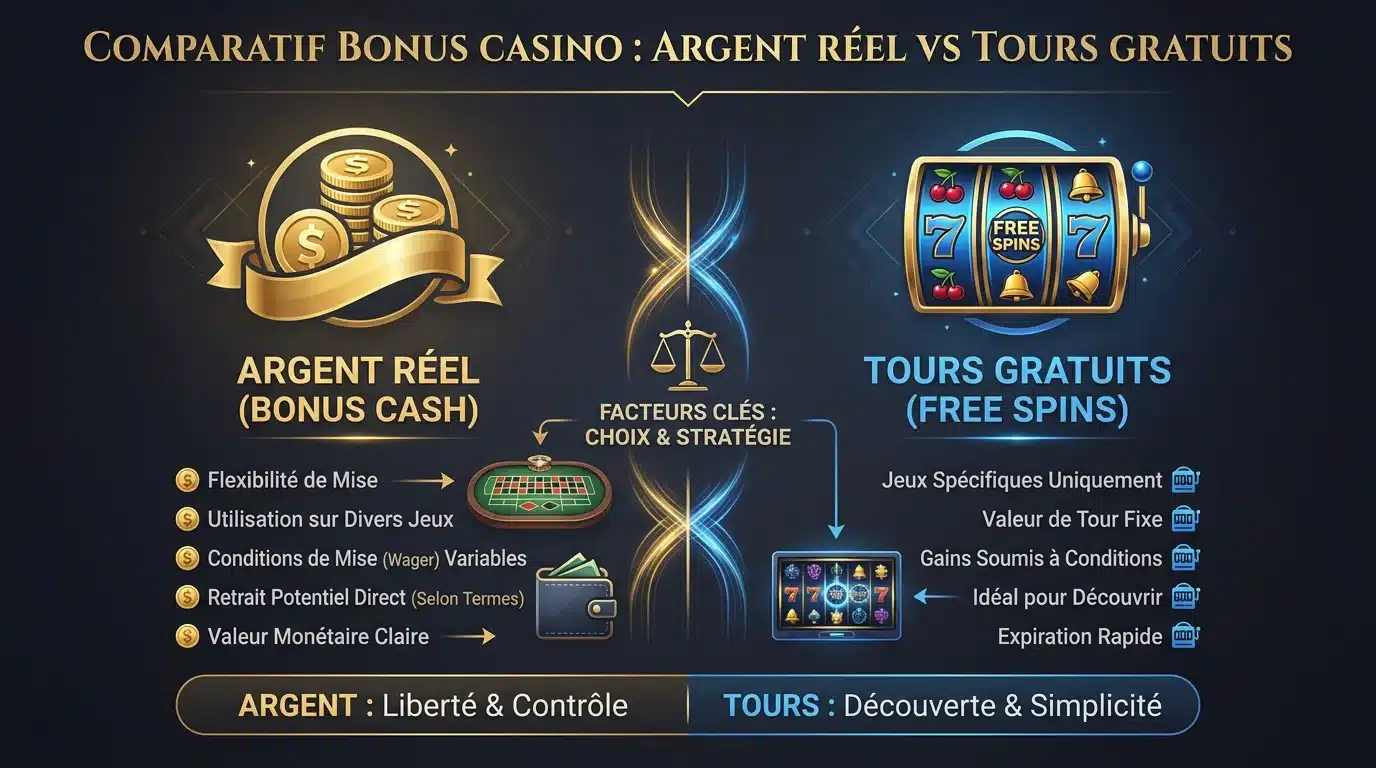 Infographie comparant bonus en argent réel et tours gratuits au casino