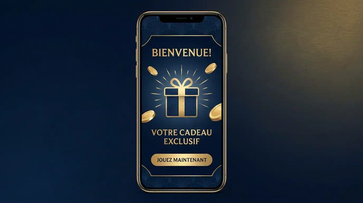 Illustration d'un bonus de casino sans dépôt sur smartphone avec pièces dorées