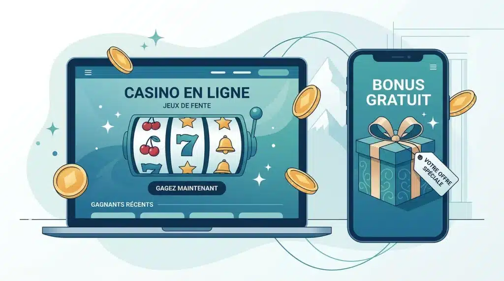 Concept de casino en ligne avec un bonus gratuit affiché sur un ordinateur et un smartphone