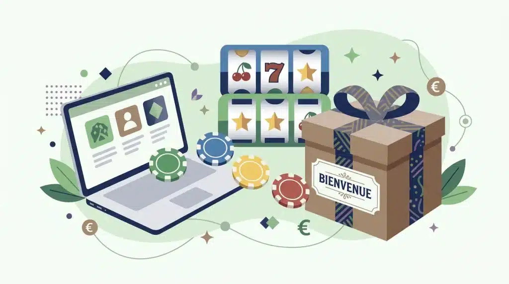 Illustration d'un bonus de bienvenue casino avec ordinateur, jetons et cadeau