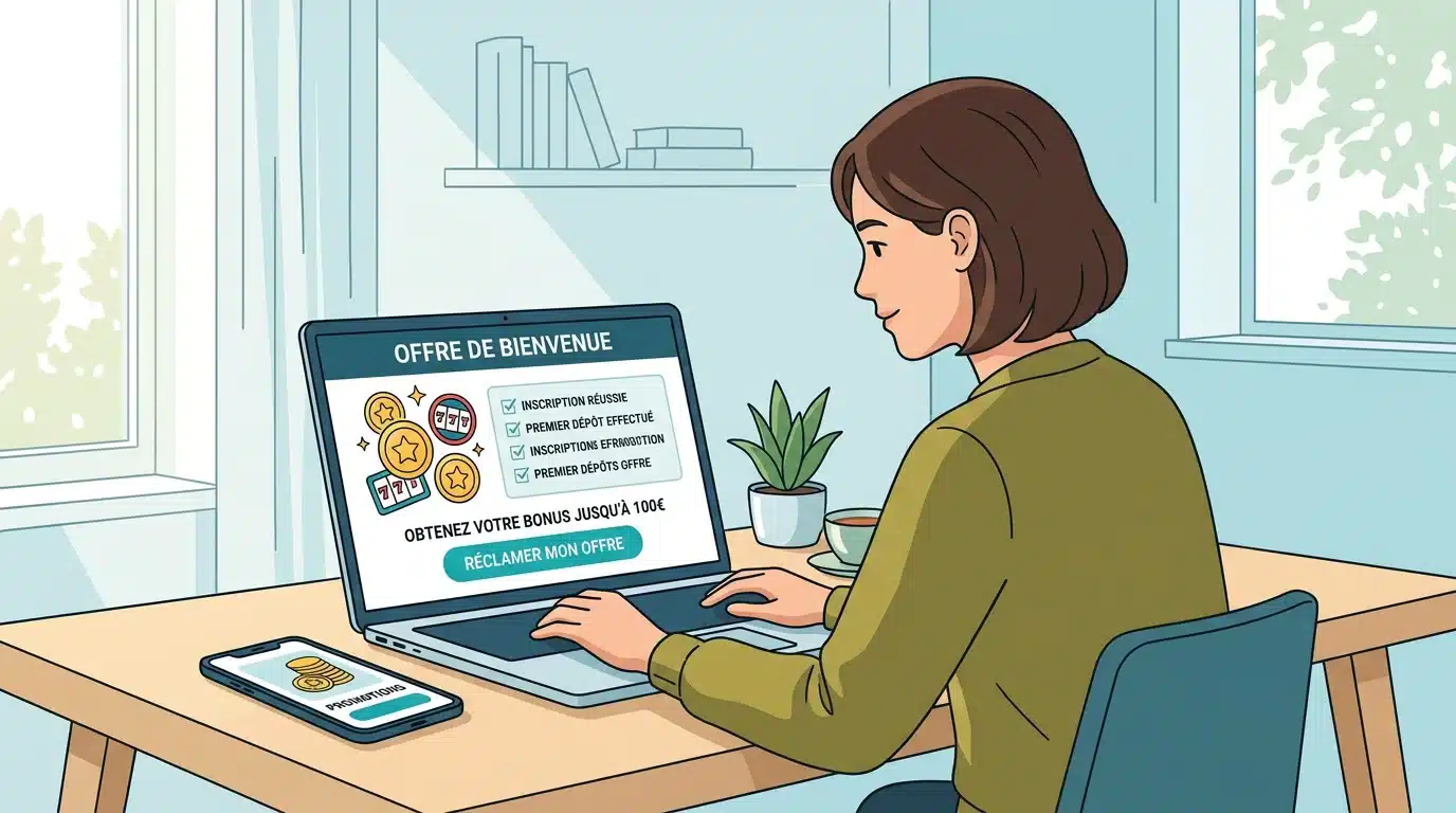 Illustration d'un joueur analysant les conditions d'un bonus de bienvenue de casino sur ordinateur