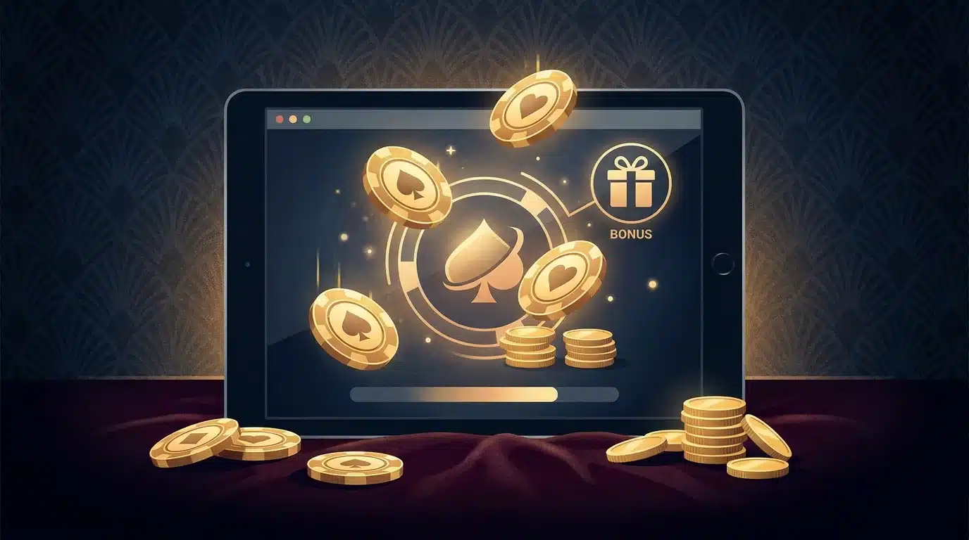 Illustration d'un bonus sans dépôt sur un casino en ligne avec jetons et pièces
