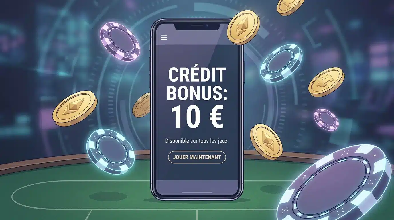 Écran de smartphone affichant un bonus de 10 euros sans dépôt sur un casino en ligne