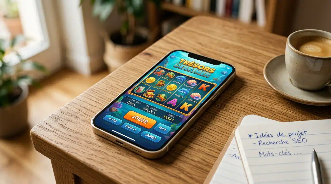 Machine à sous en ligne affichée sur un smartphone pour un bonus gratuit
