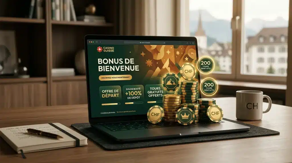 Ordinateur portable affichant une offre de bonus de bienvenue de casino en ligne