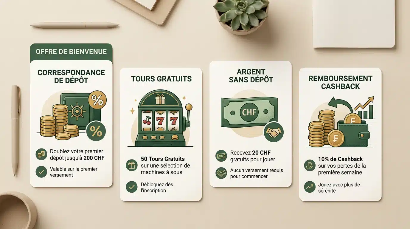 Illustration éditoriale des différents types de bonus de bienvenue au casino en ligne