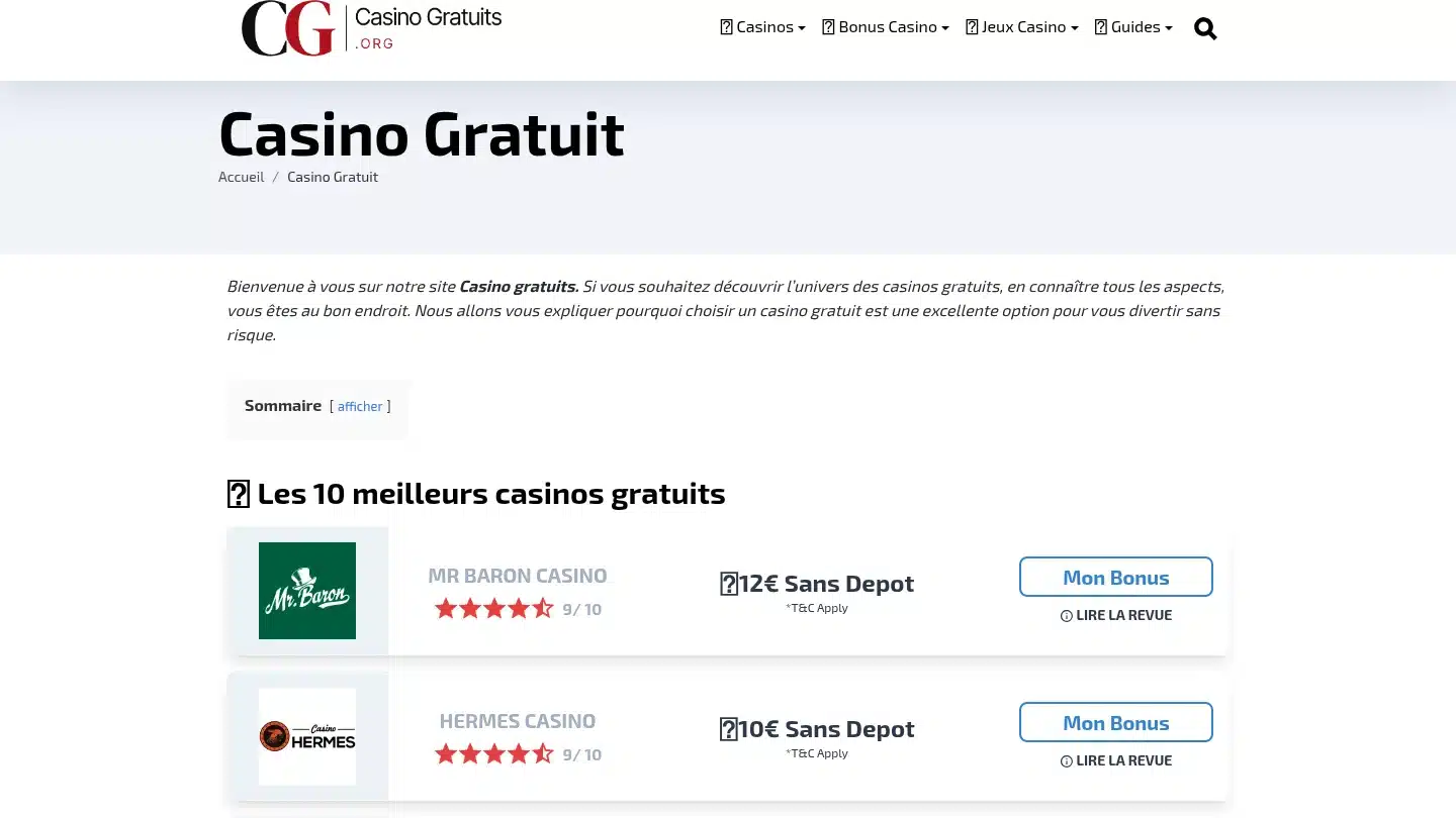 Capture de la page d’accueil de Casino Gratuits