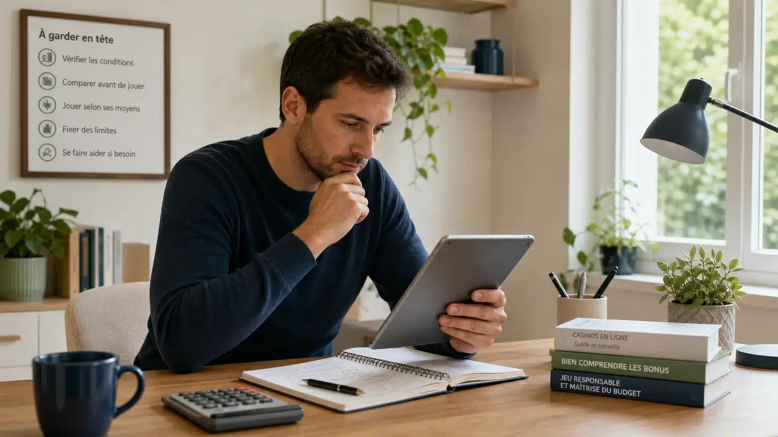 Débutant consultant les conditions d’un bonus sans dépôt sur une tablette