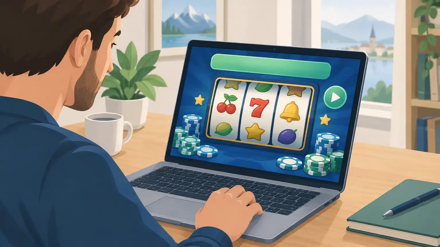 Une personne adulte découvre un jeu de casino en mode démo sur un ordinateur