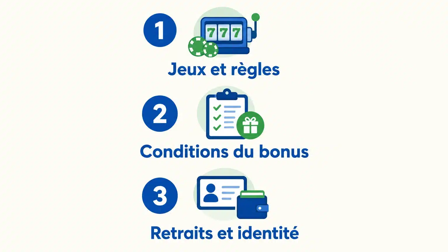Infographie des trois vérifications à faire avant un dépôt : jeux, bonus et retraits